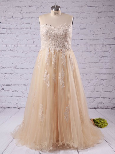 Elegant A-line Sweetheart Tulle Sweep Train Appliques Lace Champagne Plus Size Prom Dresses #Milly020103392