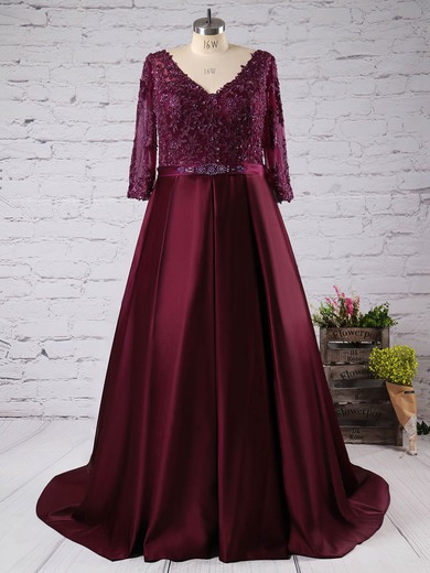 Graceful A-line V-neck Satin Tulle Sweep Train Sashes / Ribbons 3/4 Sleeve Plus Size Prom Dresses #Milly020103395