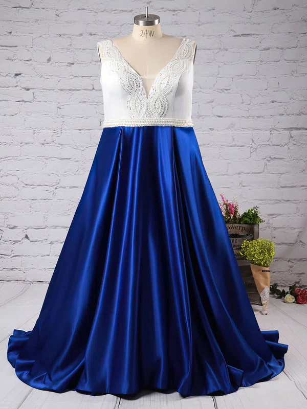 A-line V-neck Satin Tulle Sweep Train Beading Royal Blue Beautiful Plus Size Prom Dresses #Milly020103396