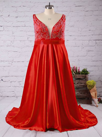 Fabulous A-line V-neck Satin Sweep Train Beading Red Plus Size Prom Dresses #Milly020103398