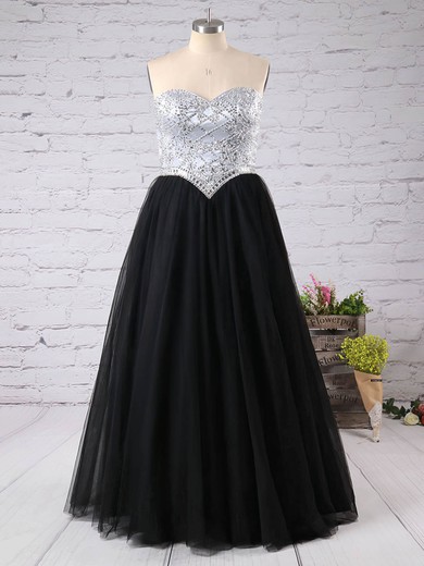 Perfect Princess Sweetheart Tulle Floor-length Beading Black Plus Size Prom Dresses #Milly020103399