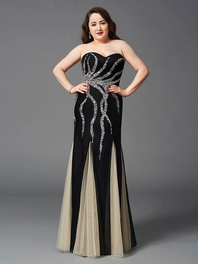 Trumpet/Mermaid Sweetheart Tulle Floor-length Beading Black Amazing Plus Size Prom Dresses #Milly020103401