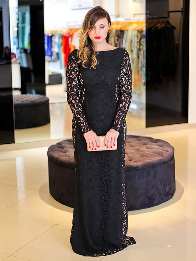 Sexy Sheath/Column Scoop Neck Lace Floor-length Ruffles Black Long Sleeve Plus Size Prom Dresses #Milly020103402