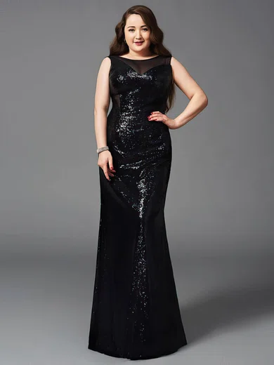 Sparkly Sheath/Column Scoop Neck Tulle Sequined Floor-length Ruffles Black Plus Size Prom Dresses #Milly020103403