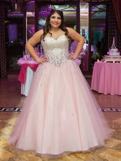 Ball Gown Sweetheart Tulle Floor length Beading Pink Sweet Plus Size Prom Dresses millybridal