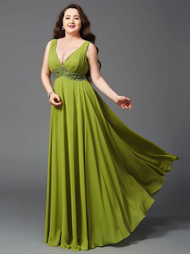 Classy Empire V-neck Chiffon Floor-length Sequins Backless Plus Size Prom Dresses #Milly020103405