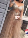 Hot A-line Scoop Neck Tulle Sweep Train Crystal Detailing Long Sleeve Plus Size Prom Dresses #Milly020103406