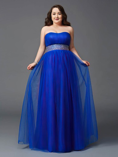 Boutique Empire Strapless Tulle Floor-length Beading Royal Blue Plus Size Prom Dresses #Milly020103413