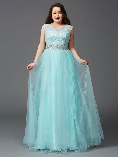 Glamorous A-line Scoop Neck Lace Tulle Floor-length Beading Plus Size Prom Dresses #Milly020103420