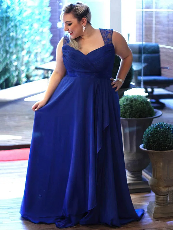 A-line V-neck Chiffon Sweep Train Embroidered Royal Blue Promotion Plus Size Prom Dresses #Milly020103421