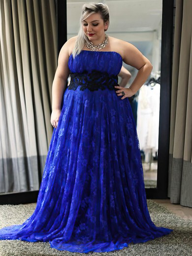 Empire Strapless Lace Sweep Train Appliques Lace Royal Blue Boutique Plus Size Prom Dresses #Milly020103426