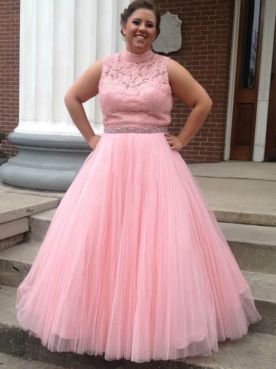 Perfect Ball Gown High Neck Tulle Floor-length Appliques Lace Pink Open Back Plus Size Prom Dresses #Milly020103428