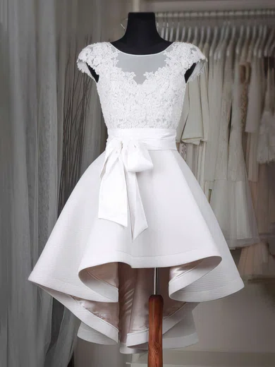 A-line Scoop Neck Satin Asymmetrical Appliques Lace Short Prom Dresses #Milly020103433