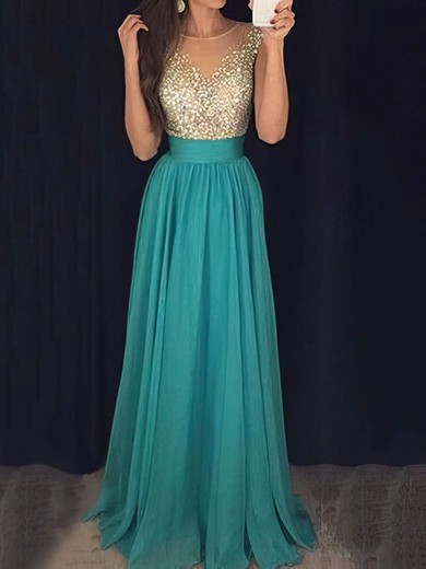 A-line Scoop Neck Chiffon Floor-length Beading Prom Dresses #Milly020103434