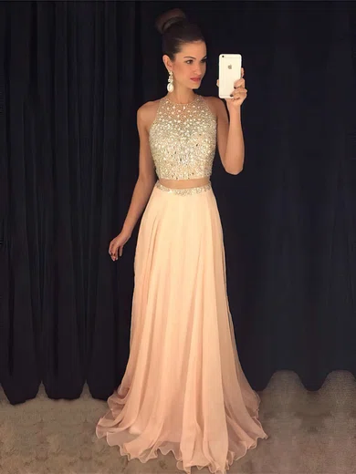 A-line Scoop Neck Chiffon Tulle Two Piece Prom Dresses With Beading #Milly020103435