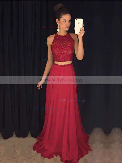 Red Scoop Beading Neck Two Piece Prom Dress Red Scoop Beading Neck Two Piece Prom Dress