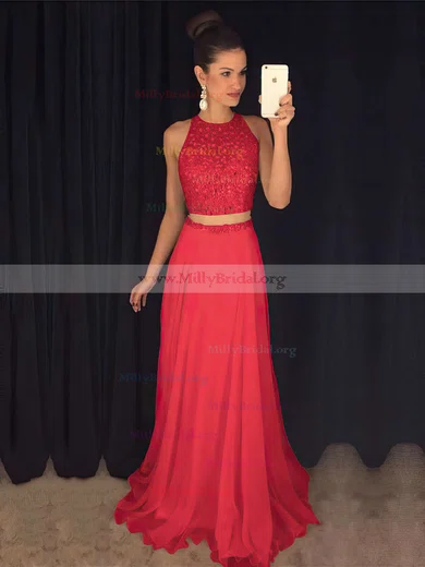 Red Scoop Beading Neck Two Piece Prom Dress Red Scoop Beading Neck Two Piece Prom Dress