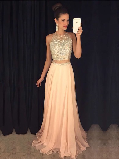 A-line Scoop Neck Tulle Chiffon Sweep Train Beading Prom Dresses #Milly020103435