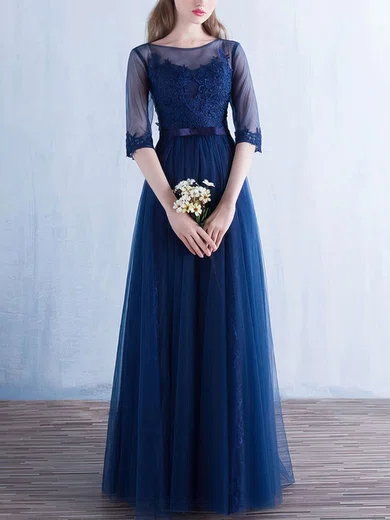 A-line Scoop Neck Tulle Floor-length Appliques Lace Prom Dresses #Milly020103436