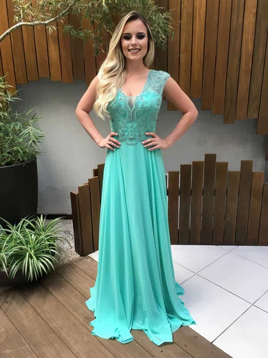A-line V-neck Chiffon Floor-length Beading Prom Dresses #Milly020103445