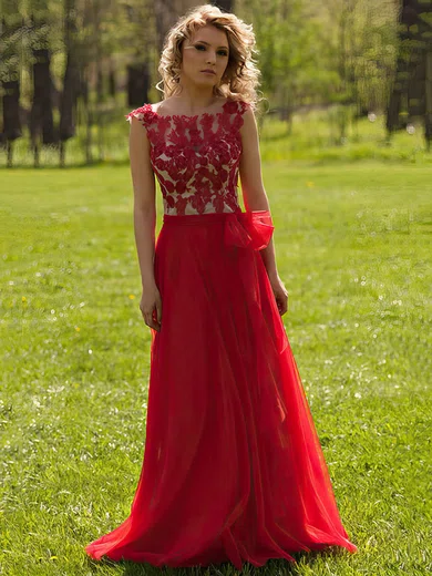 A-line Scoop Neck Tulle Floor-length Appliques Lace Prom Dresses #Milly020103453