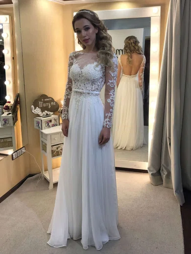 A-line Scoop Neck Chiffon Floor-length Appliques Lace Prom Dresses #Milly020103465