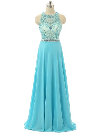 A-line Scoop Neck Chiffon Modest Prom Dresses With Beading #Milly020103467
