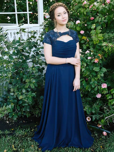 A-line Scoop Neck Chiffon Floor-length Appliques Lace Prom Dresses #Milly020103469