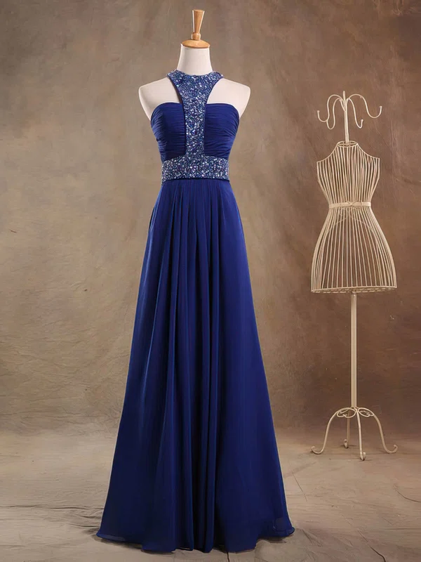 A-line Scoop Neck Chiffon Floor-length Beading Prom Dresses #Milly020103471