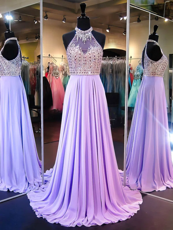 A-line High Neck Chiffon Tulle Sweep Train Beading Boutique Prom Dresses #Milly020103478