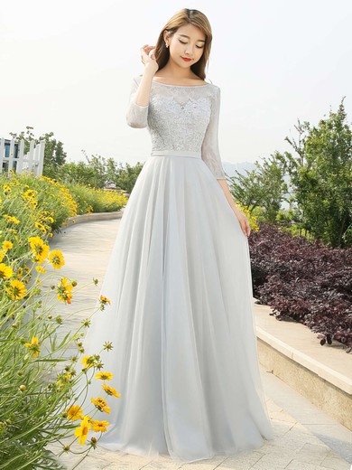 A-line Scoop Neck Lace Tulle Floor-length Appliques Lace Prom Dresses #Milly020103479