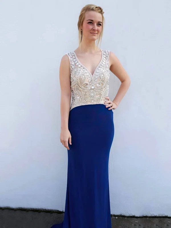 Sheath/Column V-neck Tulle Silk-like Satin Sweep Train Pearl Detailing Royal Blue Open Back New Prom Dresses #Milly020103482