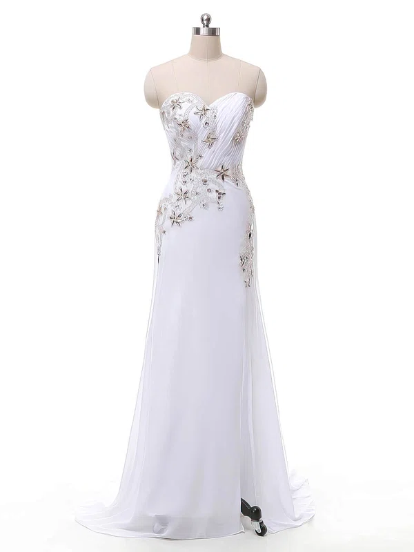Sheath/Column Sweetheart Chiffon Sweep Train Beading White Inexpensive Prom Dresses #Milly020103484