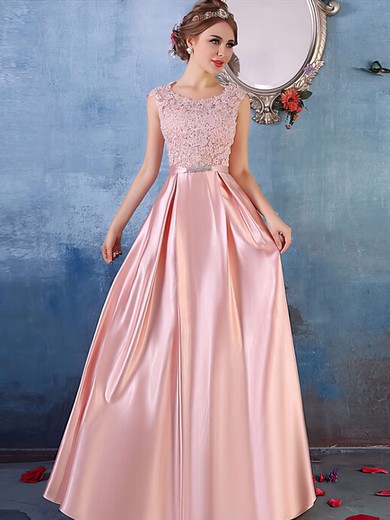 A-line Scoop Neck Satin Floor-length Appliques Lace Prom Dresses #Milly020103487