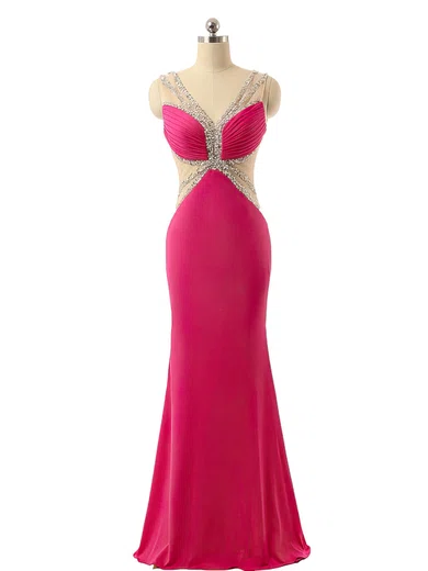 Elegant Sheath/Column V-neck Chiffon Tulle Floor-length Beading Backless Prom Dresses #Milly020103493