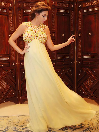 A-line Scoop Neck Chiffon Floor-length Beading Open Back Modest Prom Dresses #Milly020103495