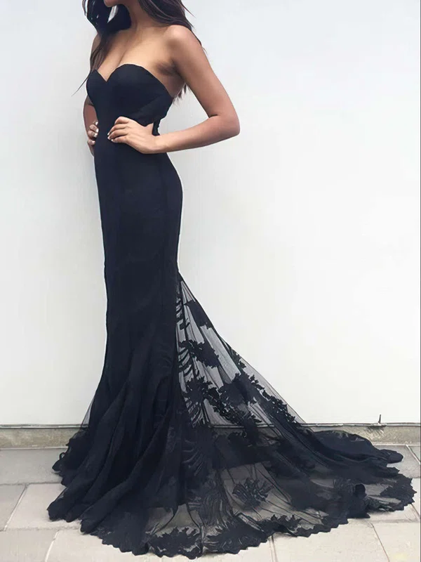 Black Mermaid Strapless Lace Prom Dresses With Appliques #Milly020103497