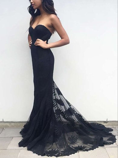 Trumpet/Mermaid Sweep Train Sweetheart Lace Appliques Lace Prom Dresses #Milly020103497