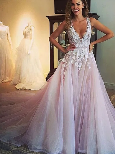 Princess V-neck Tulle Court Train Appliques Lace Prom Dresses #Milly020103499