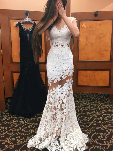 Trumpet/Mermaid Scoop Neck Lace Tulle Sweep Train Appliques Lace Prom Dresses #Milly020103500