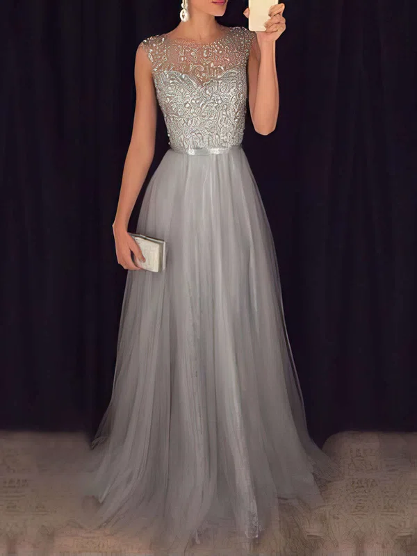 Ball Gown/Princess Floor-length Scoop Neck Tulle Beading Prom Dresses #Milly020103502