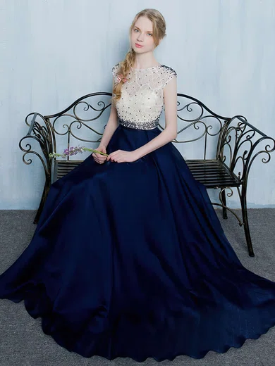 A-line Scoop Neck Lace Silk-like Satin Floor-length Beading Prom Dresses #Milly020103504