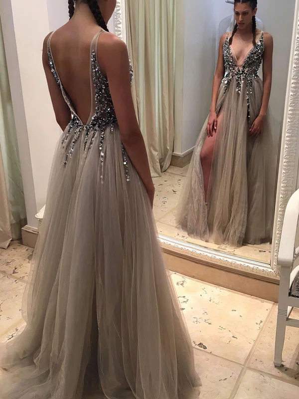Princess V-neck Tulle Floor-length Beading Prom Dresses #Milly020103505
