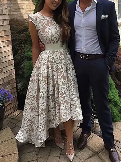A-line Scoop Neck Lace Asymmetrical Modest Prom Dresses #Milly020103509