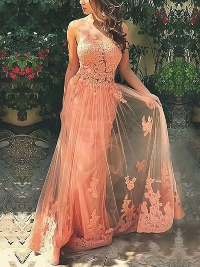 A-line Scoop Neck Tulle Sweep Train Appliques Lace Prom Dresses #Milly020103510
