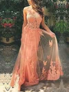 A-line Scoop Neck Tulle Sweep Train Appliques Lace Prom Dresses #Milly020103510