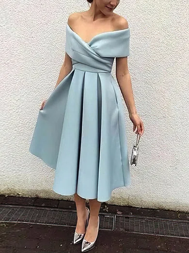 A-line Off-The-Shoulder Satin Tea-length Homecoming Dresses #Milly020103513