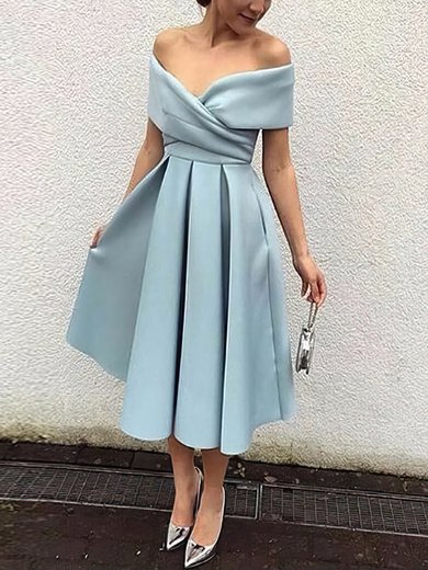 A-line Off-the-shoulder Satin Tea-length Ruffles Vintage Prom Dresses #Milly020103513