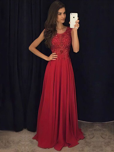 A-line Scoop Neck Chiffon Floor-length Appliques Lace Prom Dresses #Milly020103514