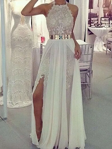 Sheath/Column Halter Lace Chiffon Floor-length Sashes / Ribbons Prom Dresses #Milly020103515